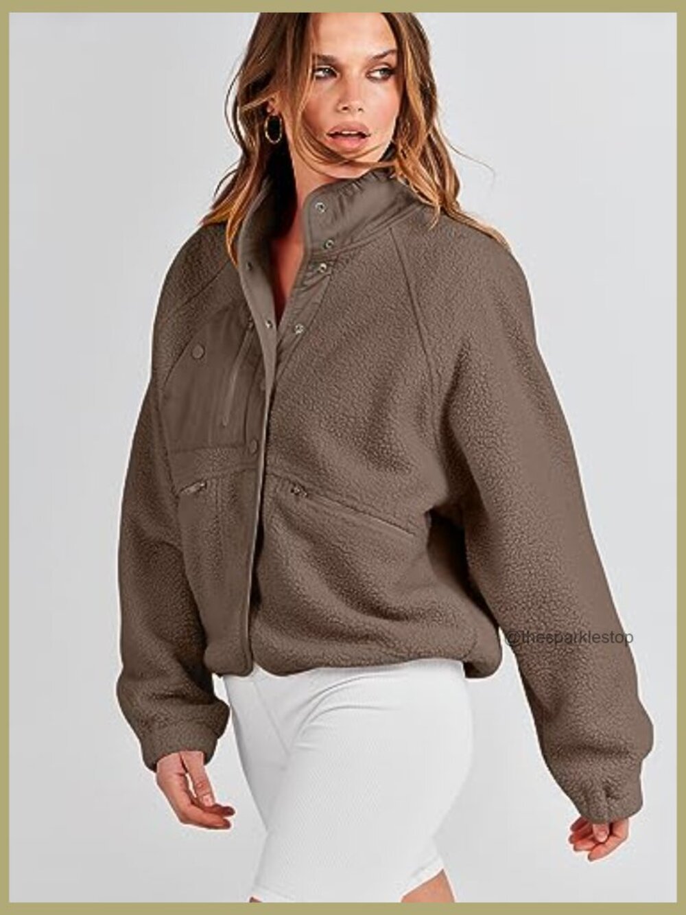 Fuzzy Fleece Cropped Sherpa Jacket with Pockets - Picture 5 of 7